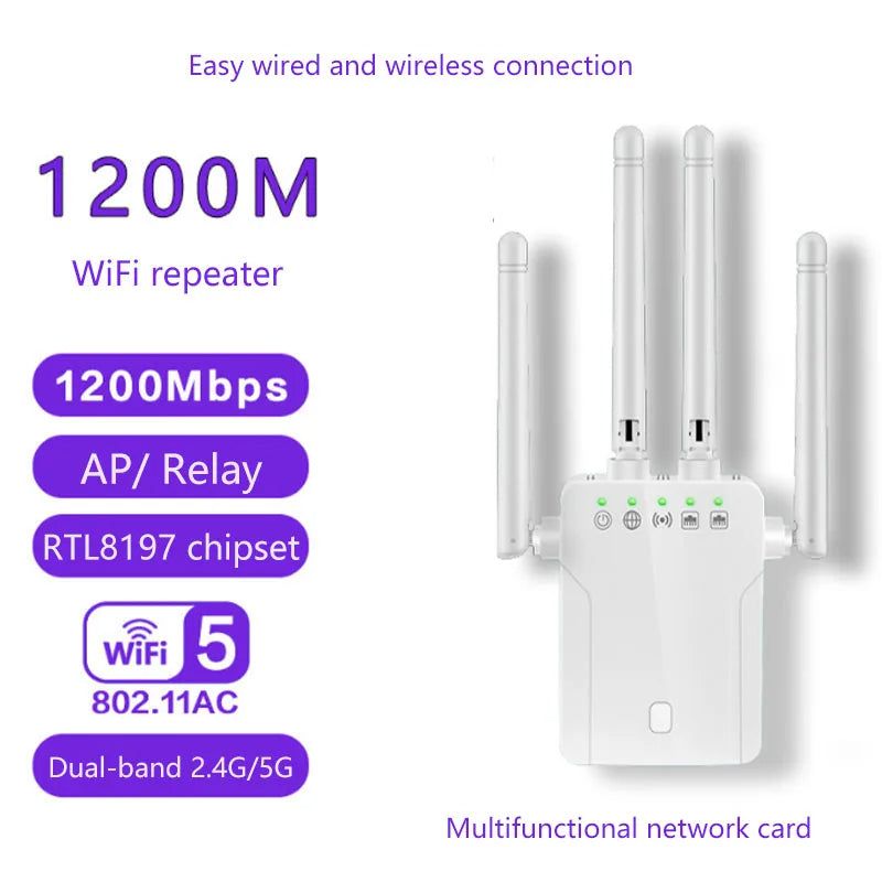📶 Repetidor WiFi Doble Banda M-1200DM – Hasta 1200 Mbps con 4 Antenas Externas