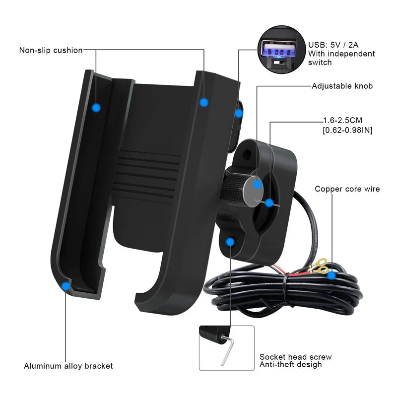📱 Soporte de Teléfono con Cargador USB para Motocicleta
